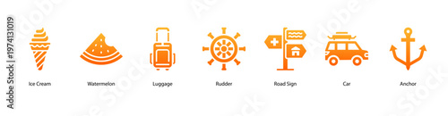 Seaside Journey web banner icon vector illustration featuring Ice Cream, Watermelon, Luggage, Rudder, Road Sign, Car, and Anchor for summer travel vibes.