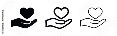 Hand holding heart icon set. Love, care, charity and donation symbol collection.