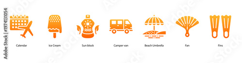 Holiday Planner web banner icon vector illustration featuring Calendar, Ice Cream, Sun Block, Camper Van, Beach Umbrella, Fan, and Fins for a complete summer trip.