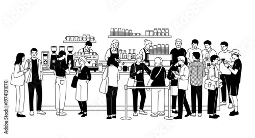 Diverse group of people standing in a line at a cafe counter.