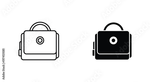 Two briefcase icons one outlined and one solid black and white silhouette