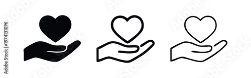 Set of hand holding heart icons. Symbolizing love, support, and charity.