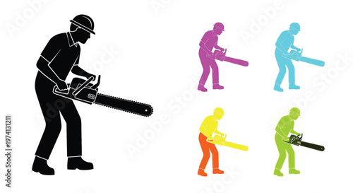 Silhouettes of lumberjacks operating chainsaws in various vibrant colors