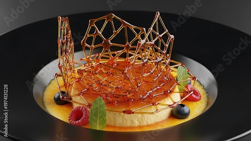 Exquisite caramel custard dessert adorned with spun sugar and fresh berries