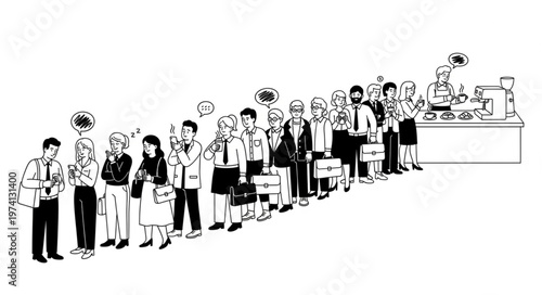 Diverse group of people standing in a long queue at a counter.