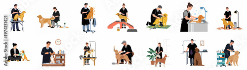Collection of illustrations depicting professional dog grooming services with various breeds and grooming techniques on a white background.