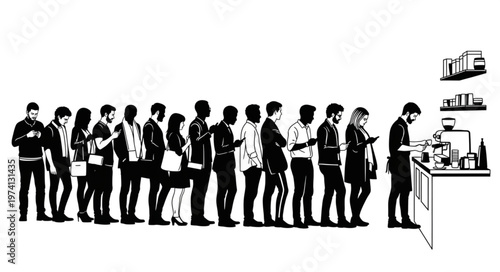 Diverse group of people standing in a long queue at a counter.