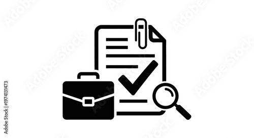Business documents with briefcase and magnifying.