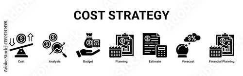 Cost Strategy web banner icon vector illustration with icons of Cost,Analysis,Budget,Planning,Estimate,Forecast and Financial Planning