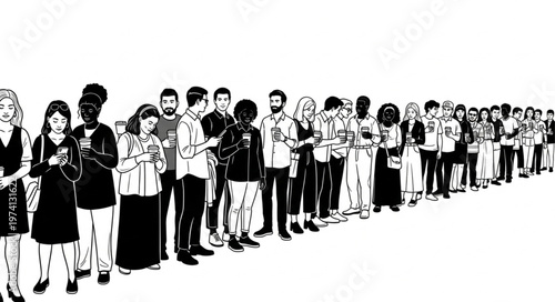 Diverse group of people standing in a long queue, waiting patiently.