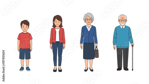 Diverse Generations: Child, Young Adult, Elderly Man & Woman. Vector illustration of people at different life stages.