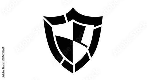Black shield logo with broken lines.