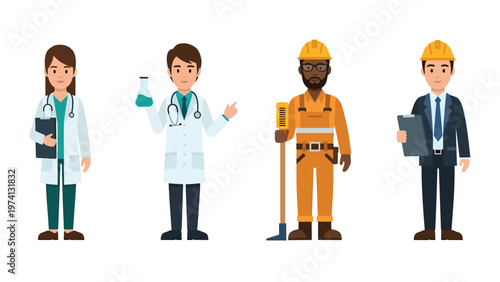 Diverse Professional Group Cartoon Vector. Healthcare, Science, Construction, Business Occupations Icons