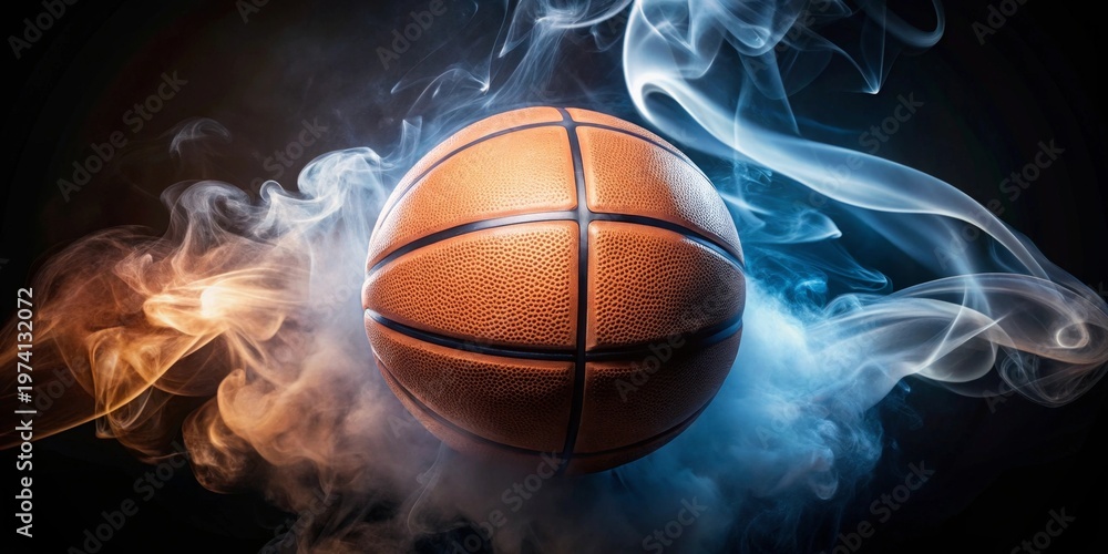 Obraz premium A basketball engulfed in swirling orange and blue smoke, a dramatic visual representing the intensity and excitement of the game