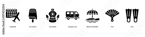 Holiday Planner web banner icon vector illustration featuring Calendar, Ice Cream, Sun Block, Camper Van, Beach Umbrella, Fan, and Fins for a complete summer trip.