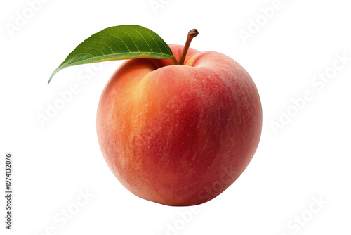 Fresh ripe peach with green leaf, juicy fruit for healthy eating, harvest and organic food concept, transparent background