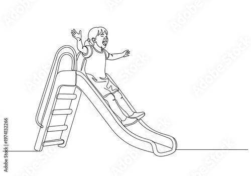 Happy child sliding down playground slide against playground background