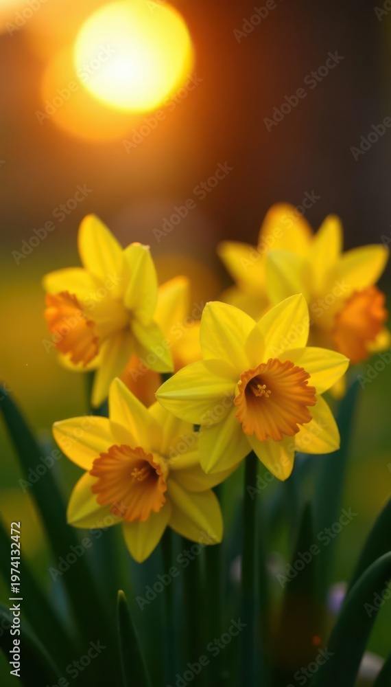 Fototapeta premium Sunset casts warm light on a cluster of daffodils, petals glowing , picture, evening, landscape