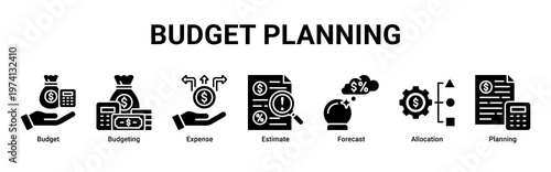 Budget Planning web banner icon vector illustration with icons of Budget,Budgeting,Expense,Estimate,Forecast,Allocation and Planning