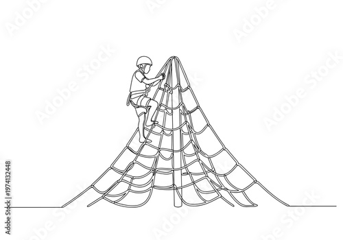 Children climbing rope pyramid on playground background
