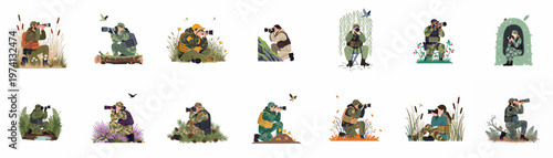 Collection of flat illustrations showing wildlife photographers in camouflage gear capturing nature and animals in diverse outdoor environments.