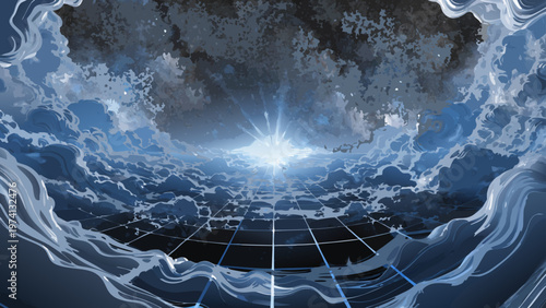 A dramatic abstract landscape with a bright light breaking through a stormy sky and grid lines below