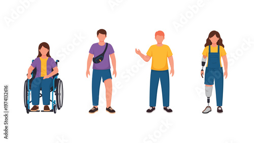 Diverse Group of People with Disabilities Illustration. Wheelchair User, Prosthetic Limbs & Missing Arm for Inclusion & Accessibility.