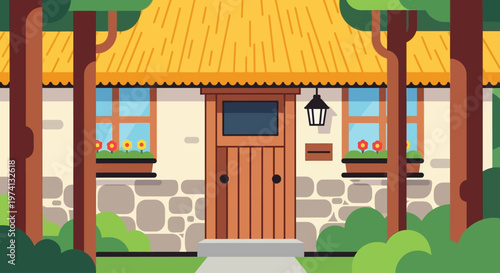 Charming house facade with detailed doorway on transparent background silhouette