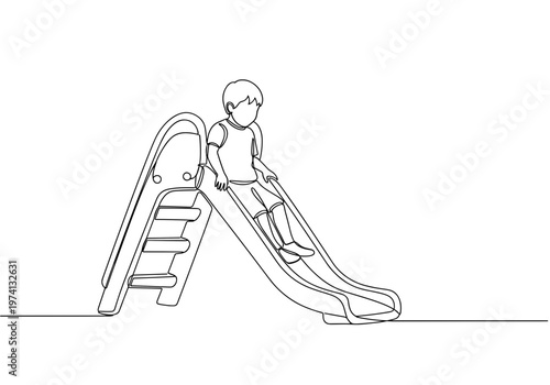 Child sliding down playground slide against playground background