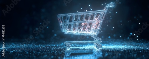 E-commerce AI concept with a floating 3D shopping cart made of light