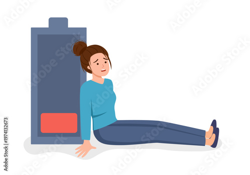 Low battery woman seeking energy boost in flat design. Lack of energy concept.