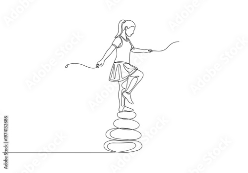 Child balancing on playground spring rocker against playground background
