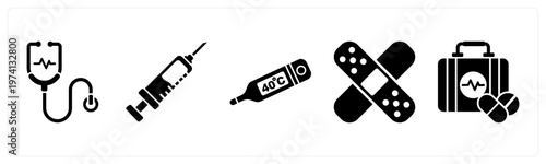 A set of 5 mix icons as stethoscope, injection, thermometer