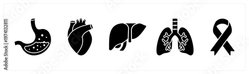 A set of 5 mix icons as stomach, heart, liver