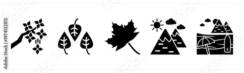 A set of 5 mix icons as tree, leaves, leaf