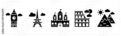 A set of 5 mix icons as clock tower, eiffel tower, fort