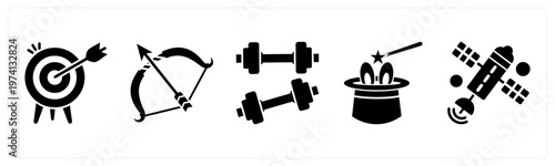 A set of 5 mix icons as dartboard, archery, dumbell