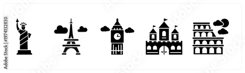 A set of 5 mix icons as statue of liberty, eiffel tower, clock tower