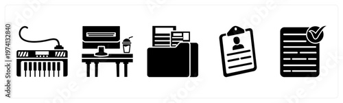 A set of 5 mix icons as piano, office table, folder