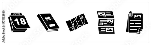 A set of 5 mix icons as calendar, book, map