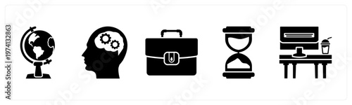 A set of 5 mix icons as globe, planning, portfolio