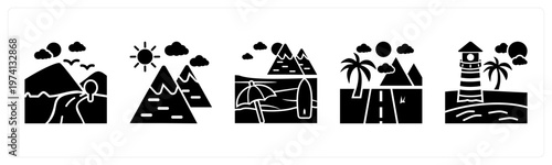 A set of 5 mix icons as nature, hills, beach