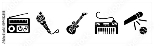 A set of 5 mix icons as radio, mic, guitar