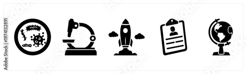 A set of 5 mix icons as virus, microscope, startup