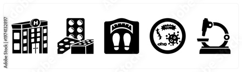 A set of 5 mix icons as hospital, medicine, weight machine