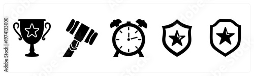 A set of 5 mix icons as trophy, auction, alarm