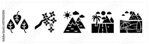 A set of 5 mix icons as leaves, tree, hills