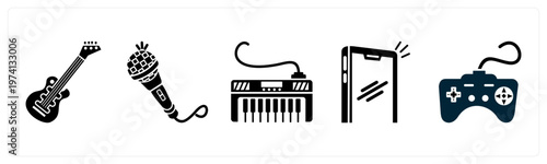 A set of 5 mix icons as guitar, mic, piano