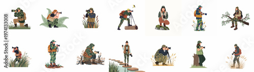 Collection of wildlife photographers in camouflage gear and nature settings, capturing animals with professional cameras and tripods in various outdoor environments.