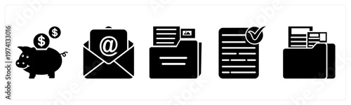A set of 5 mix icons as piggy bank, email, folder